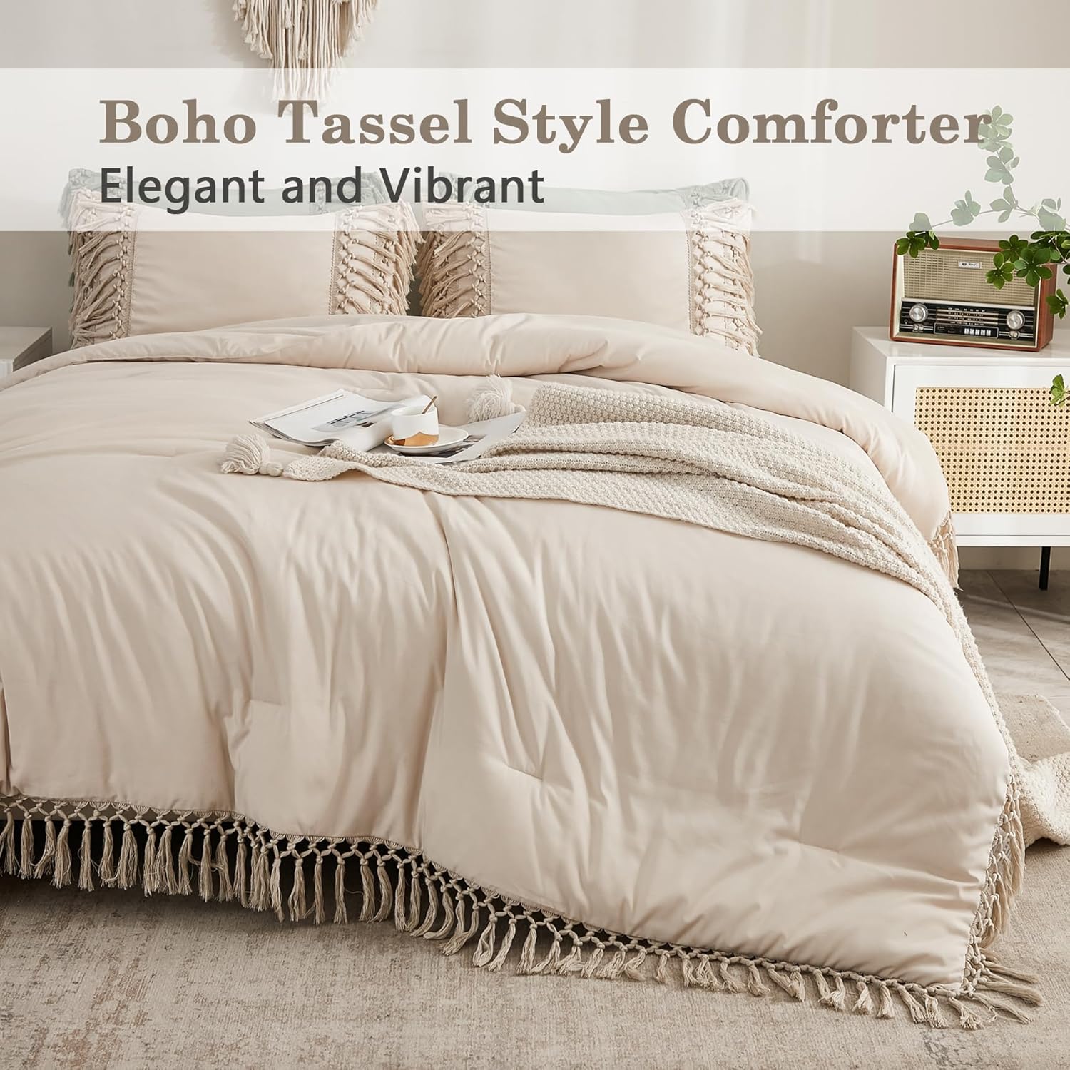 Andency Comforter Queen Size Set Beige, 3 Pieces Tassel Boho Lightweight Winter Bedding Comforters & Sets, All Season Bed Set (90x90In Comforter & 2 Pillowcases) - Image 3