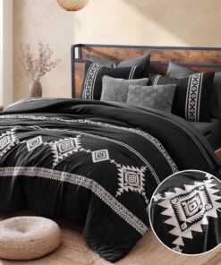 MaiRêve Embroidery Queen Size Comforter Set Black, Boho Farmhouse Western Bedding Set 7 Pieces, All Season Bed in A Bag Comforter Set with Sheets, Pillowcases & Shams