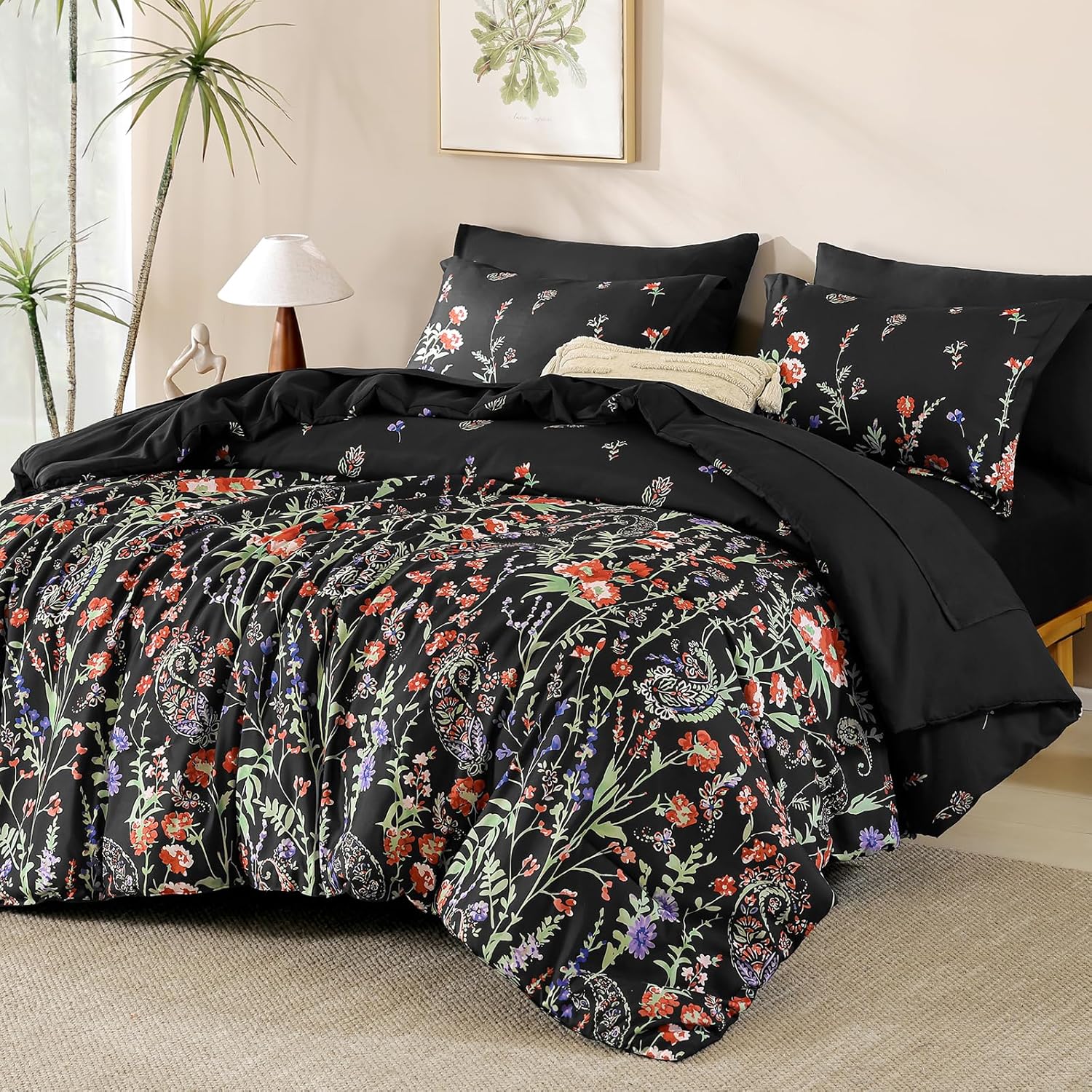 Yiran Purple Watercolour Floral Comforter Set Queen Size, 7 Piece Cute Botanical Lavender Comforter Bedding Set, Bed in a Bag Queen, Soft Microfiber Complete Bedding Set with Sheets for All Season - Image 8