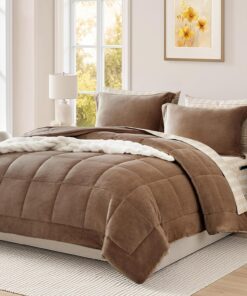 Plush Queen Comforter Set Brown, Flannel Velvet Comforter Sets 7 Pieces Bed in a Bag, Soft Warm Winter Bedding Set with Sheets, Pillowcases & Shams