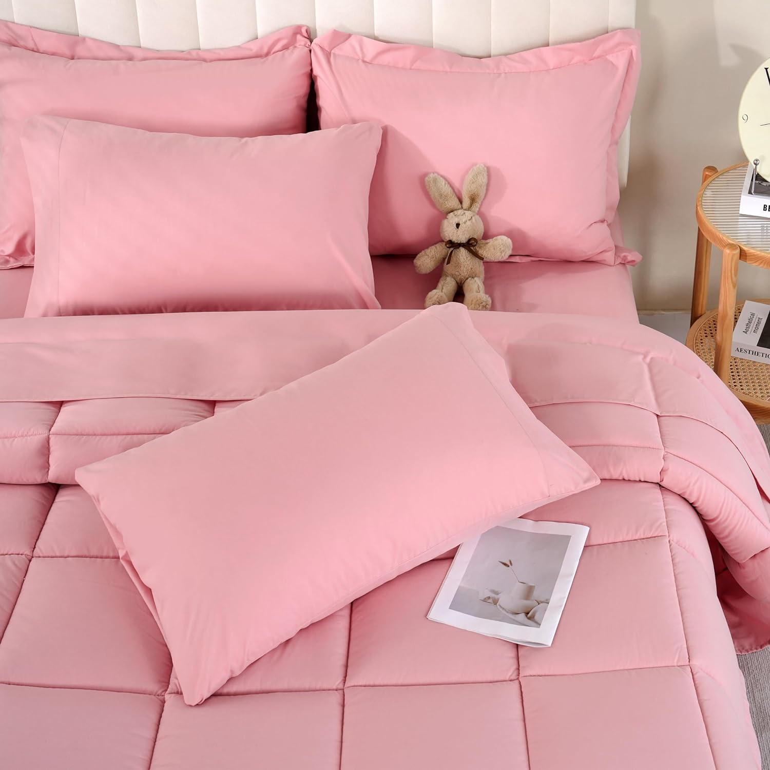 DOWNCOOL Full Size Comforter Sets, 7Pcs Full Size Bedding Sets Pink, All Season Down Alternative Bedding Comforter Sets with Comforter, Flat Sheet, Fitted Sheet, 2 Pillow Shams & 2 Pillowcases