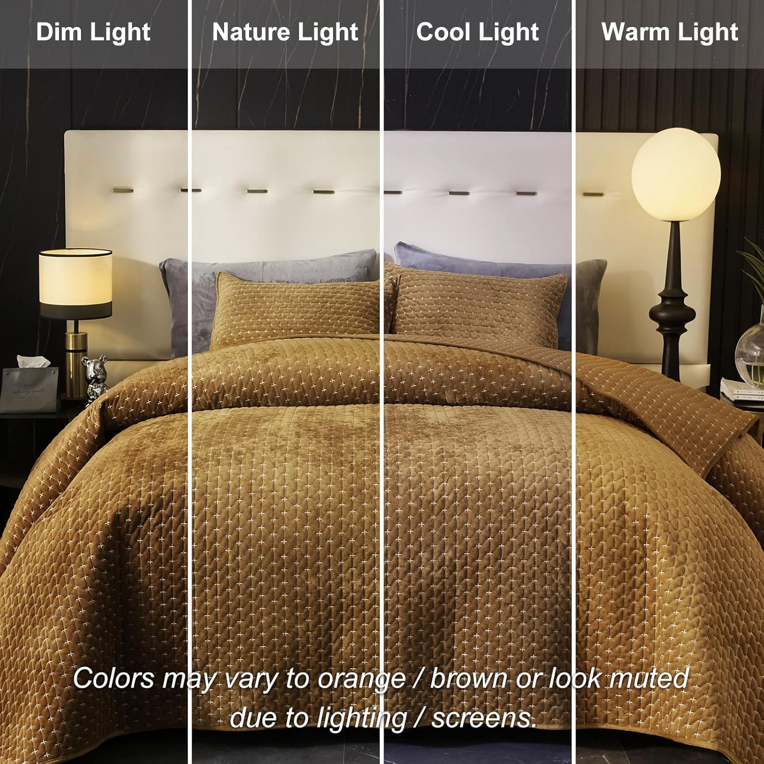 Powdion Velvet Quilt King Size,Bedspread Quilted Bedding Set,Luxurious Soft Coverlet Set Lightweight Velvet Comforter with Pillow Shams, Gold Caramel,96x106 Cross Stitch Striped Quilt Set - Image 4