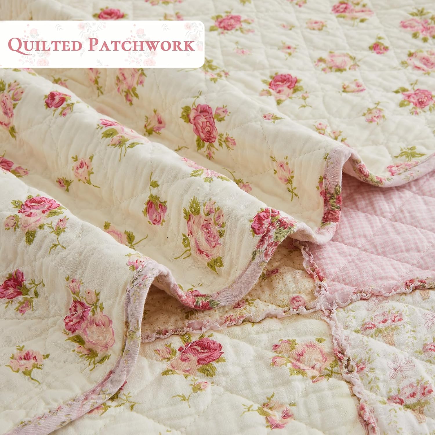 Cozyholy Queen Size Quilt Set 3-Piece, 100% Cotton Patchwork Quilt, Pink Floral Reversible Shabby Chic Bedding Bedspread for All Season, Soft Quilted Blanket with 2 Pillow Shams Machine Washable - Image 5