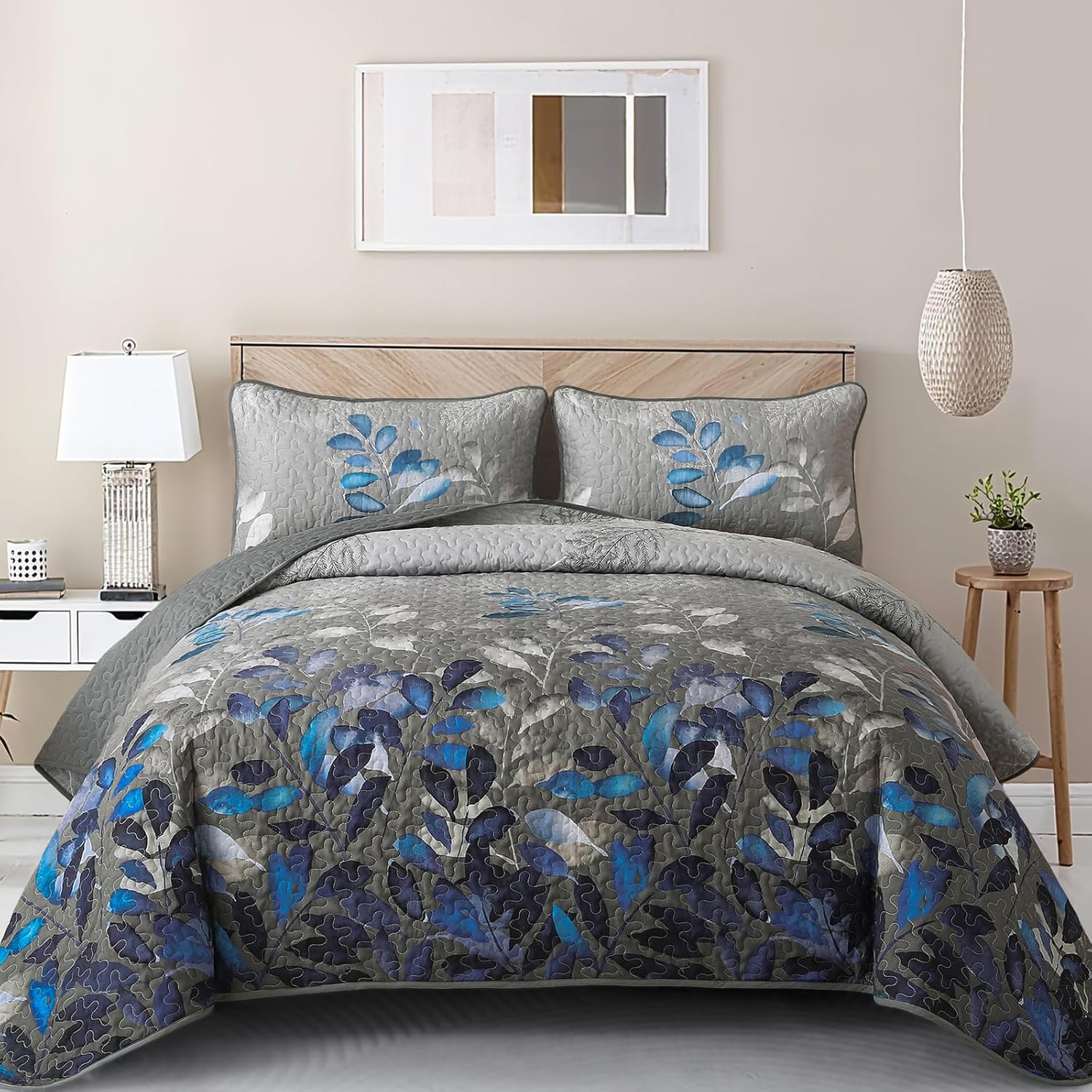 WONGS BEDDING Blue Quilt Set King Size,3 Pieces Navy Blue Floral Bedspread Coverlet Set with 2 Pillowcases,Soft Microfiber Lightweight Grayish Blue Gradient Floral Bedding Set 104"×90" - Image 15
