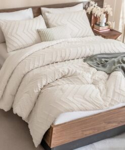 Andency Comforter Full Size Set, Beige Boho Cream Soft Warm Tufted Neutral Bedding Comforter Sets for Full Size Bed, 3 Pieces Aesthetic Chevron Farmhouse Cute Bohemian Textured Bedding Set