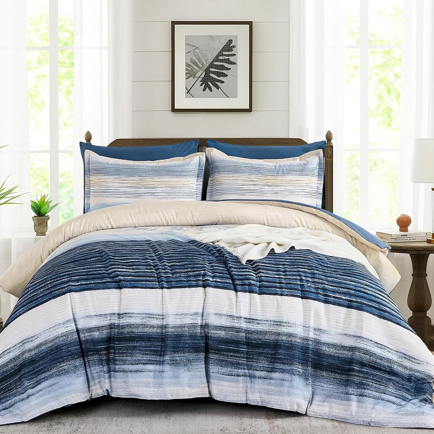 WONGS BEDDING Blue Comforter Set King Size, 7 Pieces King Bed in a Bag for All Season, Soft and Breathable Striped Bedding Set with Boho Comforter, Flat Sheet, Fitted Sheet, Pillowcases & Shams - Image 8