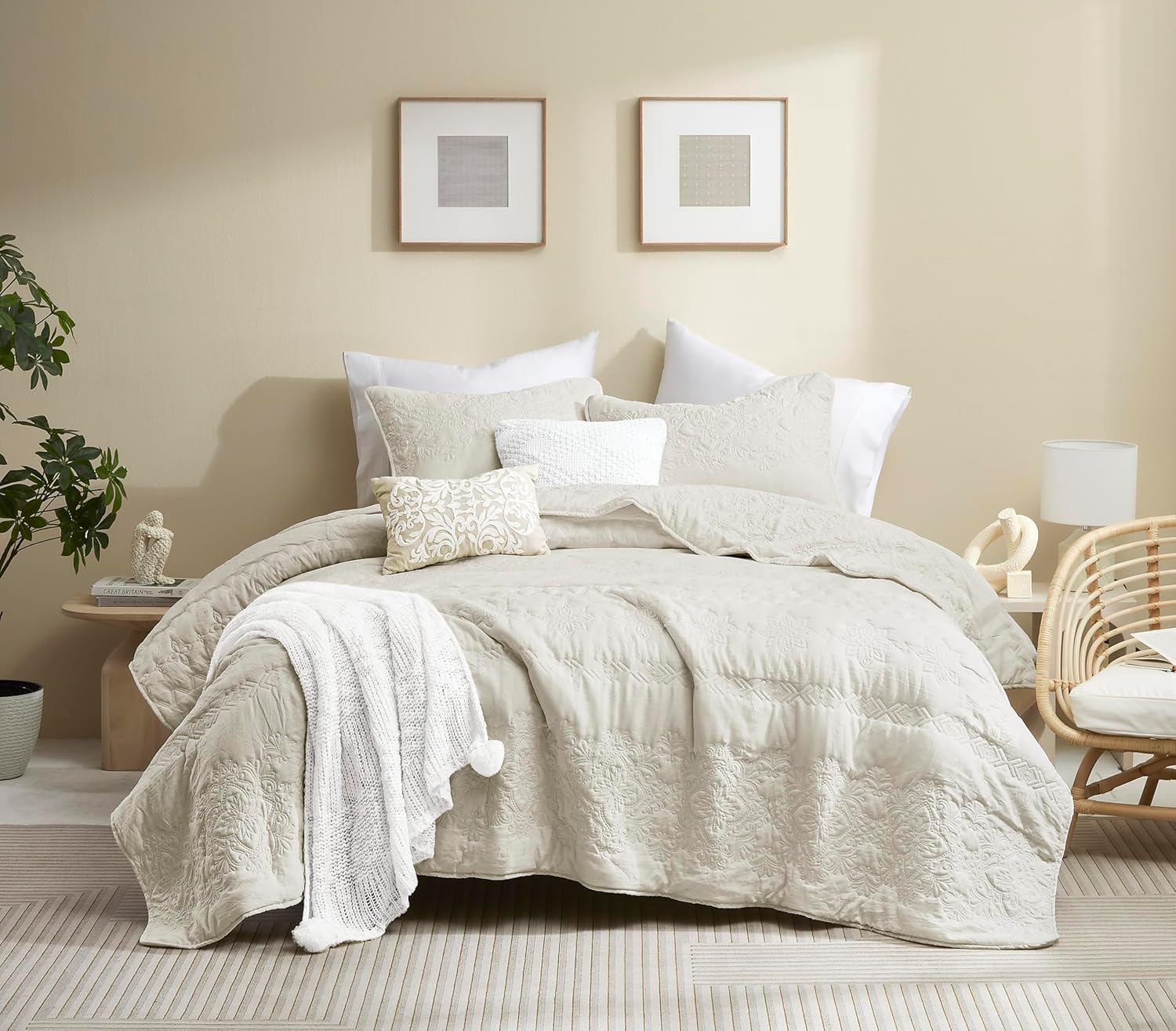 B2EVER Beige Damask Quilt Twin Size Bedding Sets with 1 Pillow Sham, Boho Bedspread Lightweight Soft Farmhouse Vintage Bohemian Coverlet Retro Jacquard Pattern Bed Cover for All Season, 2 Pieces - Image 19