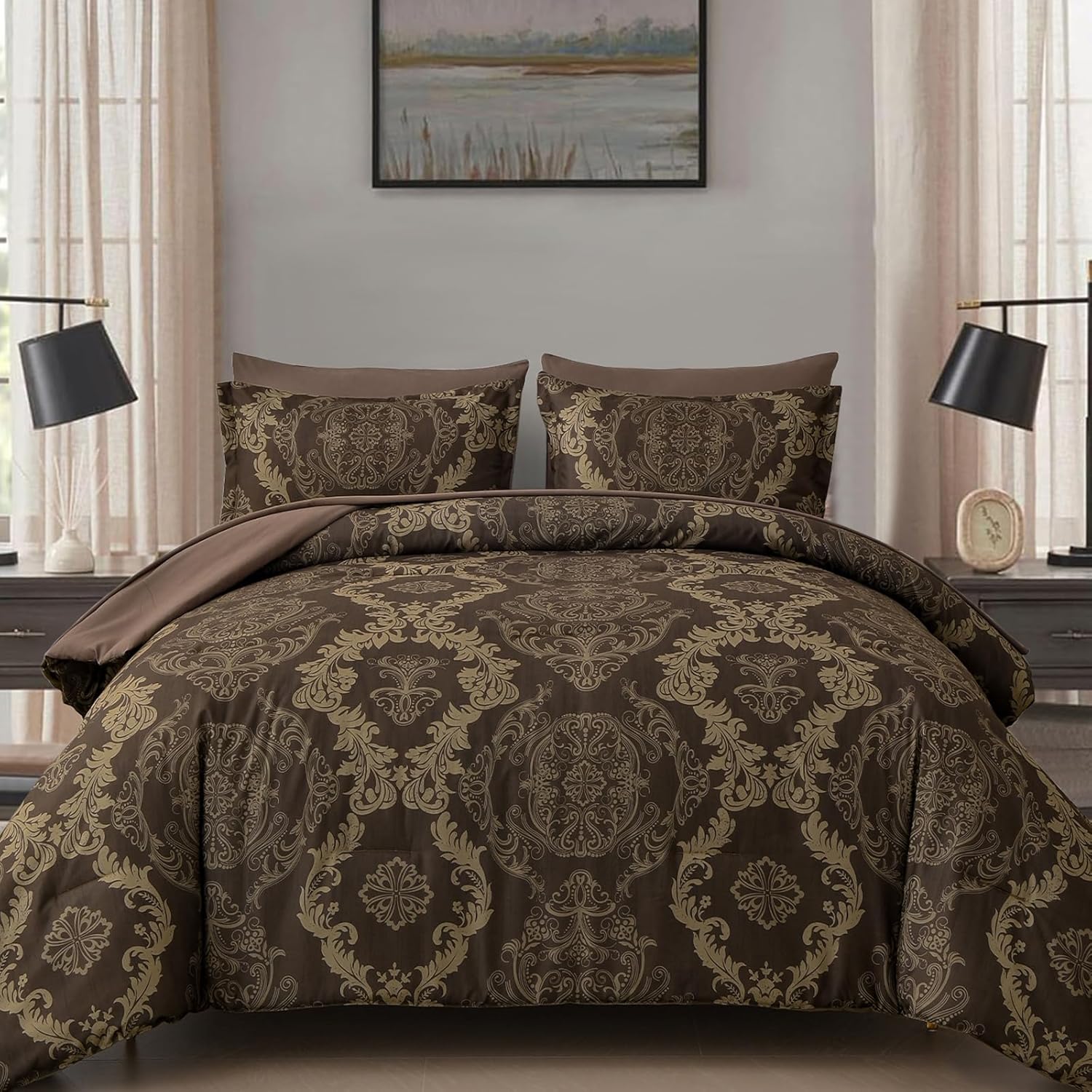 WONGS BEDDING Black Comforter Set Queen Size, Gold Damask Texture 7 Pieces Bed in a Bag Microfiber Comforter Bedding Sets -1 Comforter, 1 Flat Sheet, 1 Fitted Sheet, 2 Pillow Shams, 2 Pillowcases - Image 11