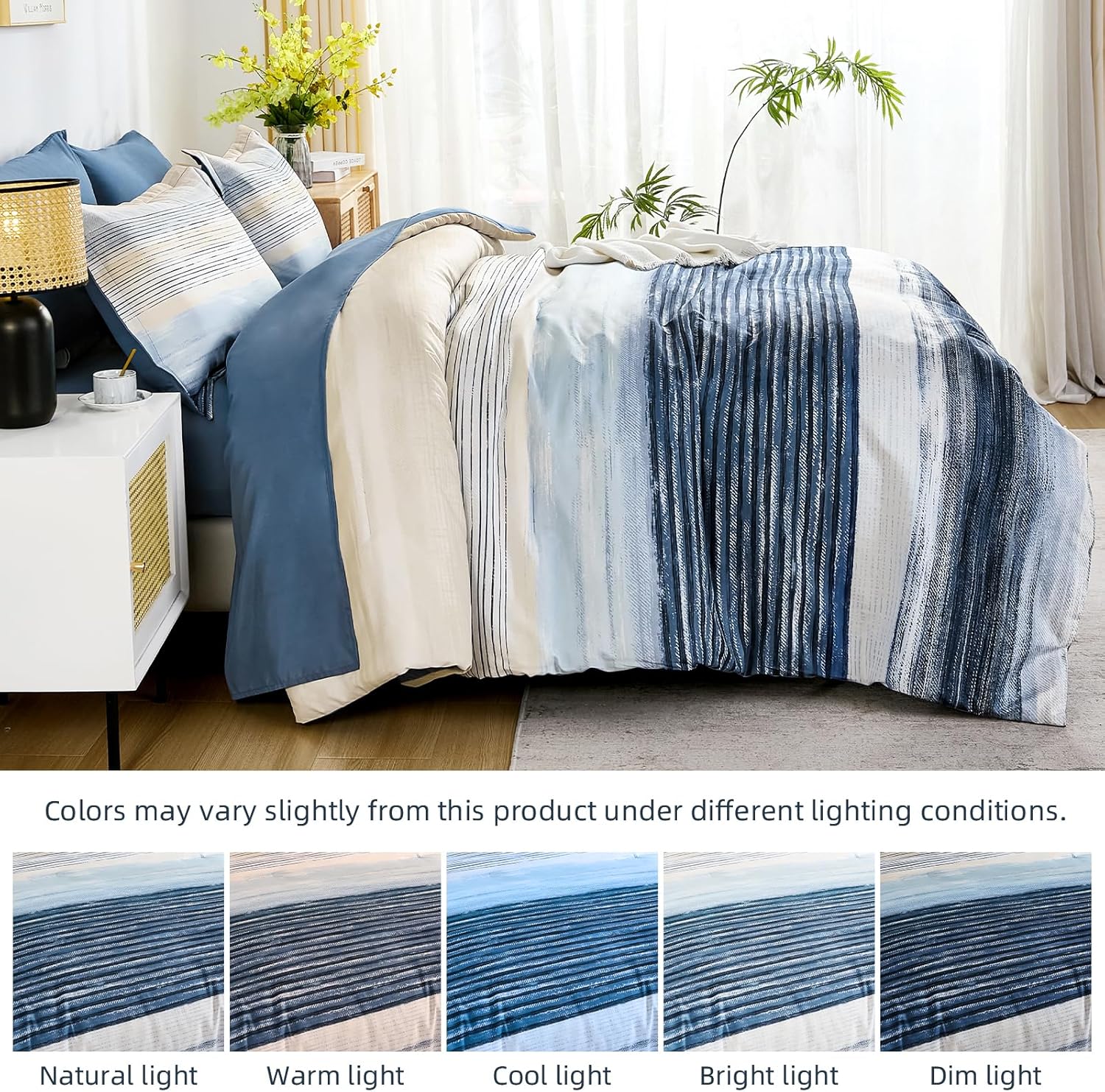 WONGS BEDDING Blue Comforter Set King Size, 7 Pieces King Bed in a Bag for All Season, Soft and Breathable Striped Bedding Set with Boho Comforter, Flat Sheet, Fitted Sheet, Pillowcases & Shams - Image 6