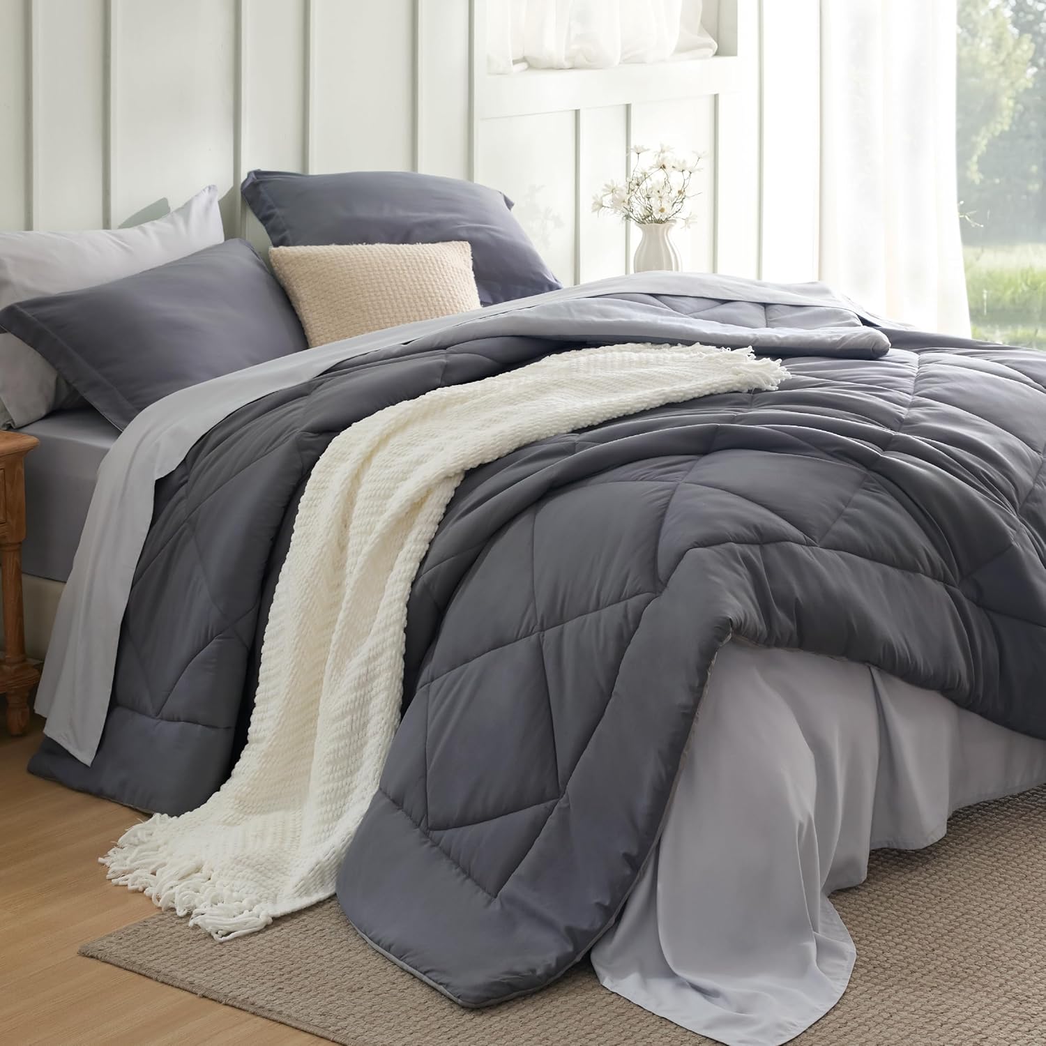 Bedsure Queen Comforter Set - 7 Pieces Reversible Grey Bedding, Queen Size Bed Set for All Seasons, Bed in a Bag with Down Alternative Comforter, Sheets, Pillowcases & Shams - Image 11