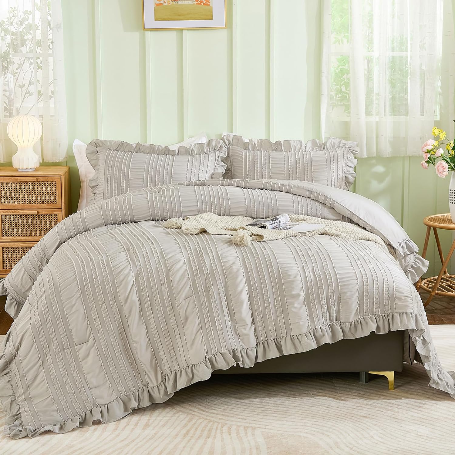 WONGS BEDDING White Queen Comforter Set,Boho Ruffle Comforter for Queen Bed,Soft Seersucker Shabby Chic Bedding Set with 1 Comforter,2 Tufted Pillowcases 90"×90" - Image 16