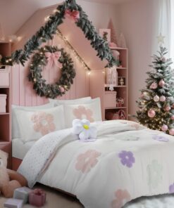 Intelligent Design Kids Full Comforter Set for Girls, Tufted Chenille Floral Comforter Set Queen, Lightweight Polka Dot Reversible Bed Set, Shams, Pillow, Gracie, Full/Queen White/Purple 4 Piece