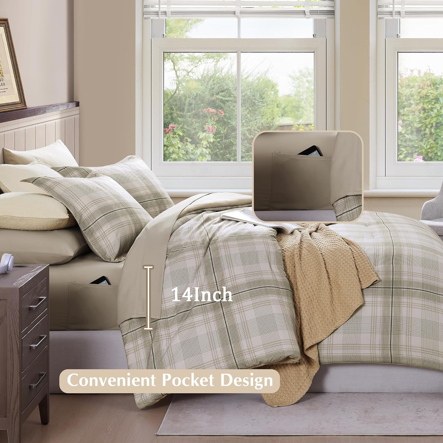 Full Size Comforter Sets, Khaki Green Plaid Bedding Set 7 Piece for Boys Girls Teen, Classic Homestead-Style Kids Comforter Set Bed in A Bag with Sheets, Pillowcases & Shams - Image 4