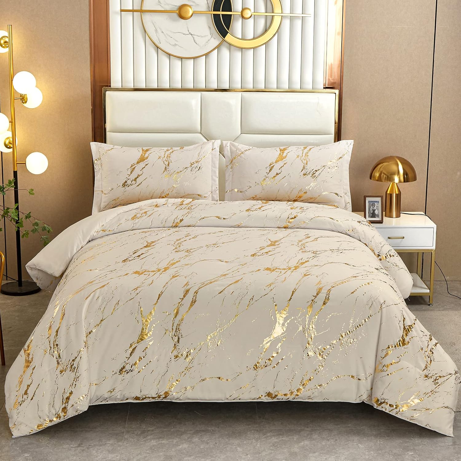WONGS BEDDING White Gold Metallic Marble Comforter Set Queen Foil Print Glitter Bedding Sets with 2 Pillowcases for All Seasons, Soft Microfiber Filling Bedding Duvet Set 90"x90" - Image 9