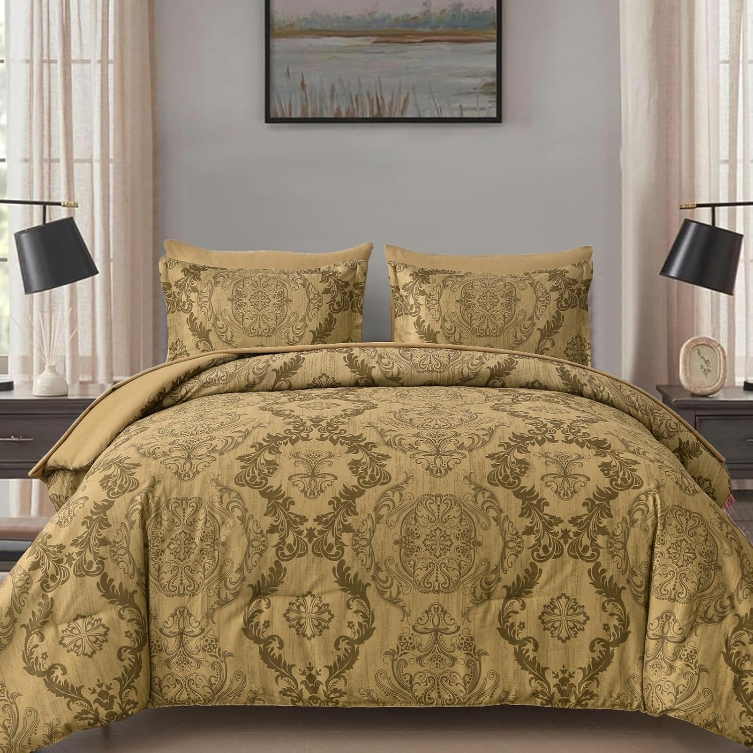 WONGS BEDDING Black Comforter Set Queen Size, Gold Damask Texture 7 Pieces Bed in a Bag Microfiber Comforter Bedding Sets -1 Comforter, 1 Flat Sheet, 1 Fitted Sheet, 2 Pillow Shams, 2 Pillowcases - Image 14