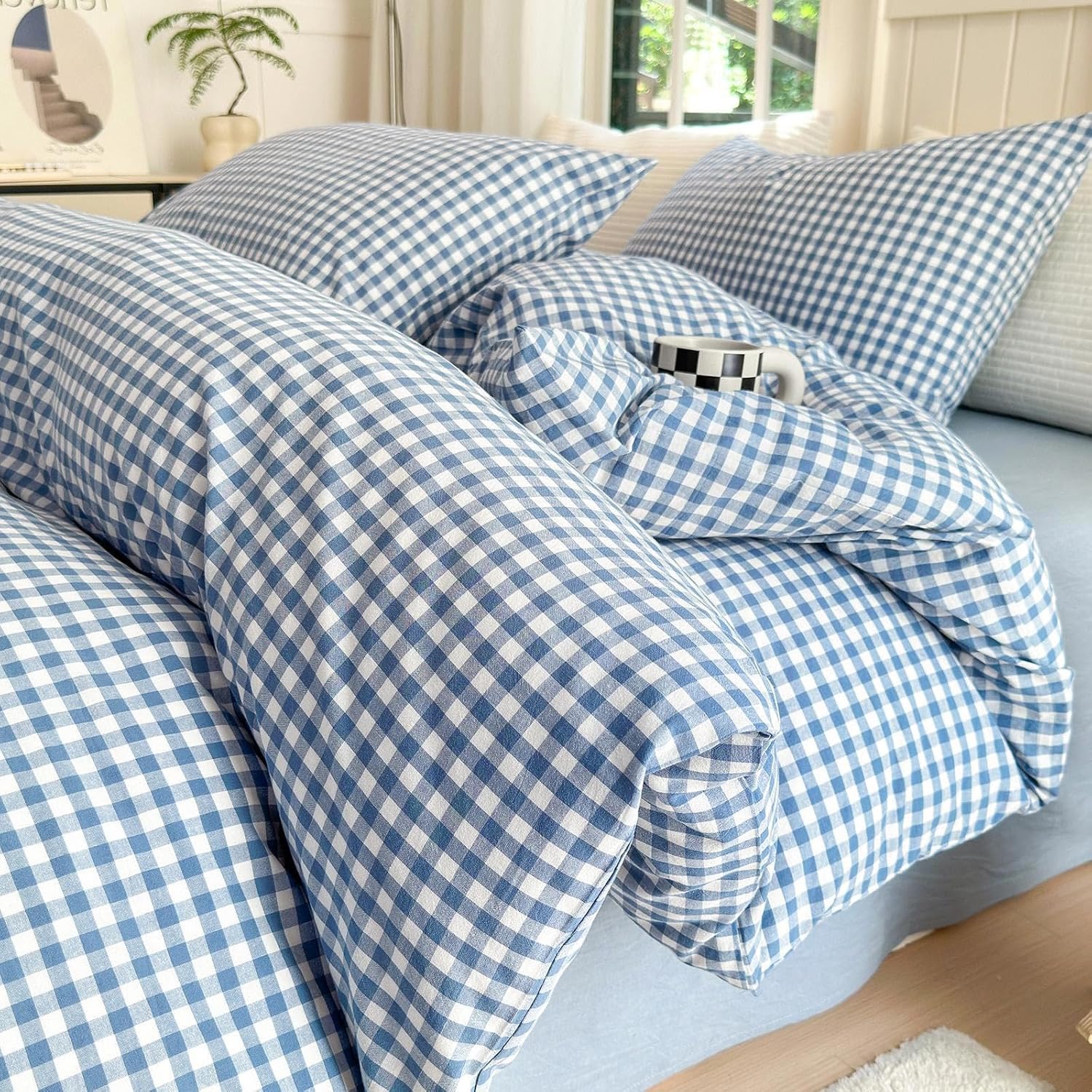 LifeTB Queen Comforter Set Tan Gingham Comforter Modern Style Beige Plaid Comforter Set 3 Pieces Fluffy Grid Checkered Comforter with 2 Pillowcases Boho Gingham Bedding Set Queen Size - Image 11