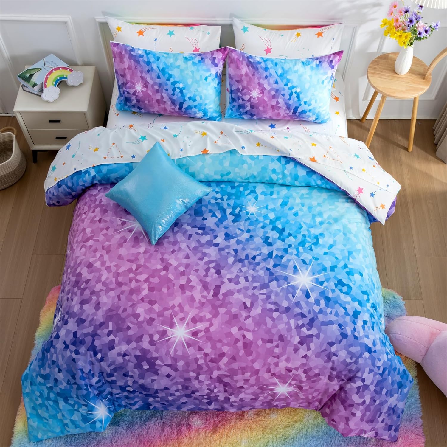 A Nice Night 6Pcs Gradient Glitter Bedding Set for Girls Full Size, Colorful Rainbow Galaxy Comforter Set, Ultra Soft Bedding Sets, Pink - Image 11