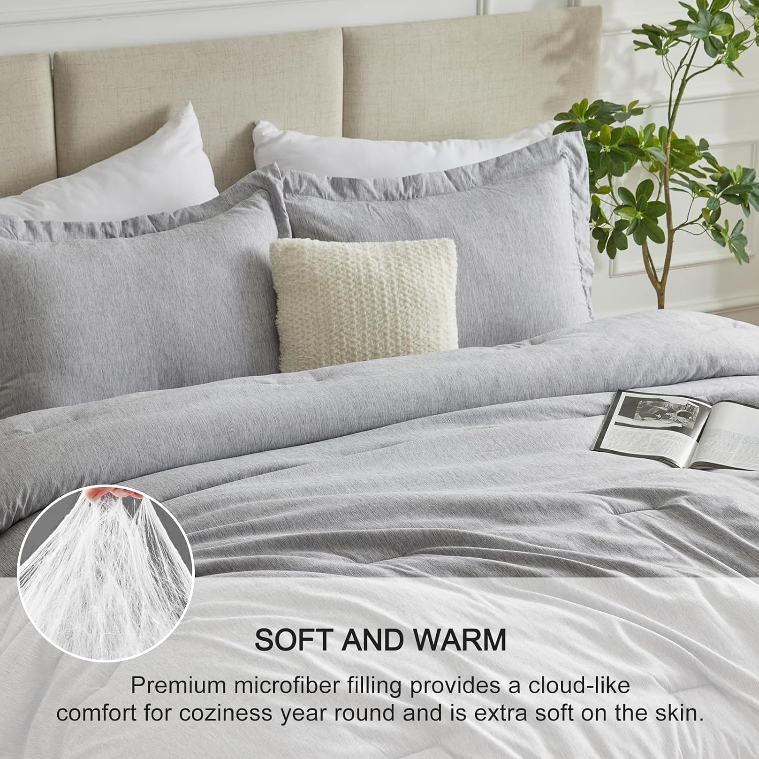 CozyLux Queen Comforter Set - 3 Pieces Light Grey Soft Luxury Cationic Dyeing Queen Comforter for All Season, Light Gray Breathable Lightweight Fluffy Bedding Sets with 1 Comforter and 2 Pillow Shams - Image 3
