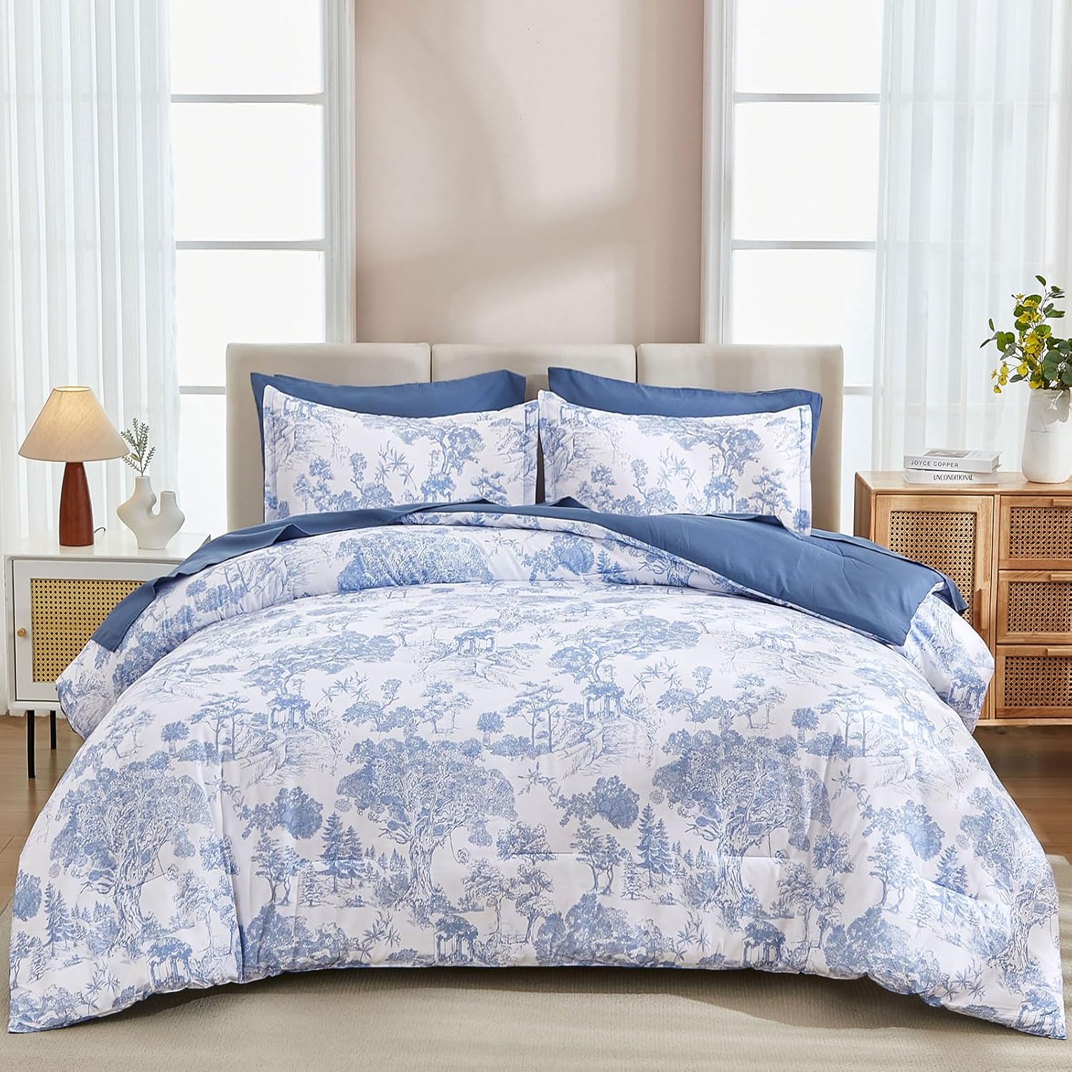 DJY Blue Comforter Set Queen, 7 Pieces Bed in a Bag Queen Size Botanical Comforters with Sheets Elegant Plants Print Soft Microfiber Reversible Complete Bedding Sets for All Season - Image 9