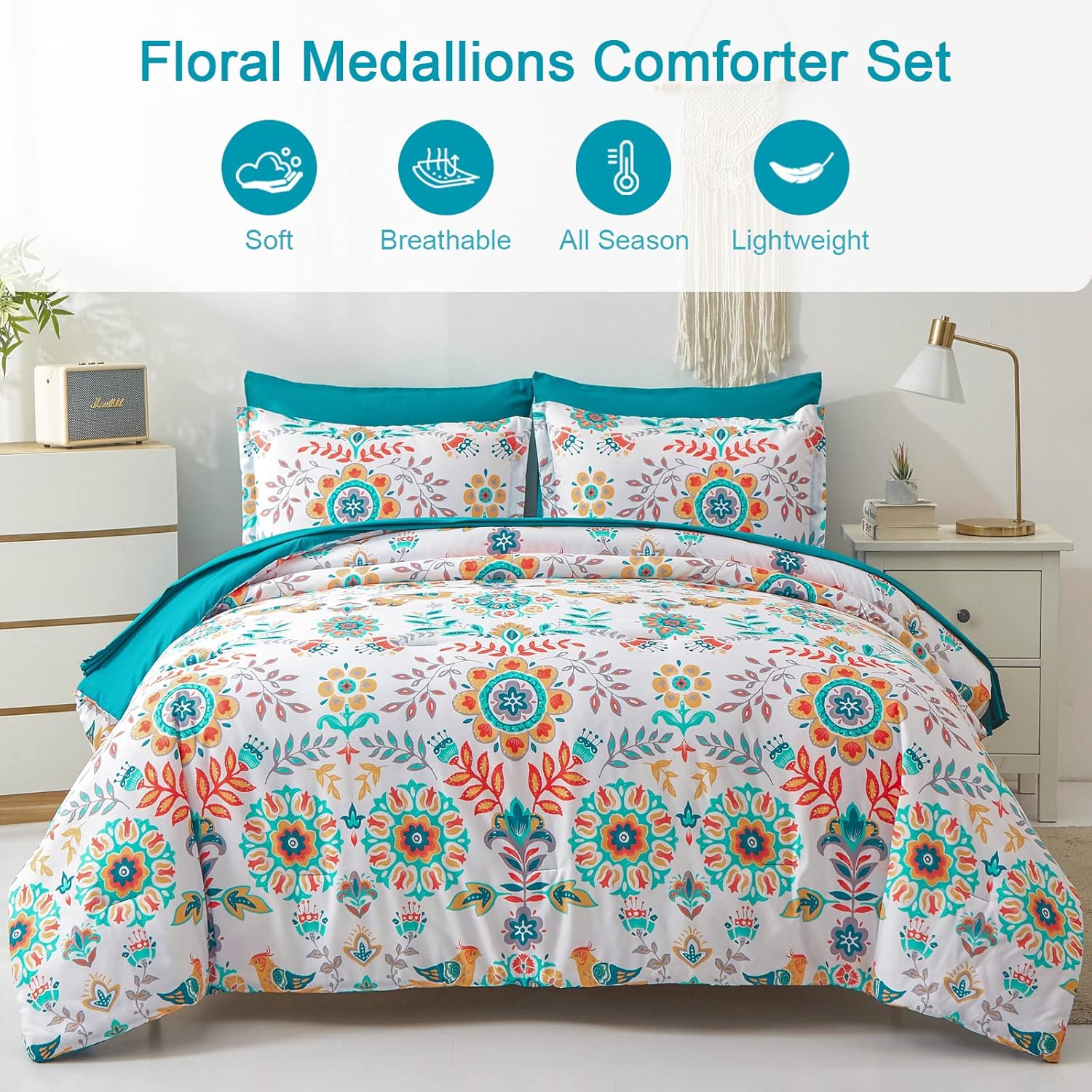 Boho Comforter Set Queen - 7 Pieces Bed in a Bag Floral Medallions Design, Bohemian Comforter Set with Sheets, Soft Microfiber Complete Bedding Sets All Season (Teal Blue, Queen) - Image 2