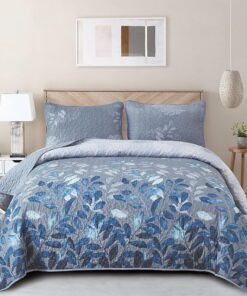 WONGS BEDDING Blue Quilt Set King Size,3 Pieces Navy Blue Floral Bedspread Coverlet Set with 2 Pillowcases,Soft Microfiber Lightweight Grayish Blue Gradient Floral Bedding Set 104"×90"