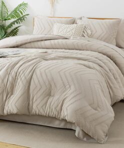 Litanika California King Size Comforter Set with Sheets Beige - 7 Pieces Bed in a Bag Cal King Chevron Tufted Complete Bedding Sets with Comforter, Sheets, Pillowcases & Shams