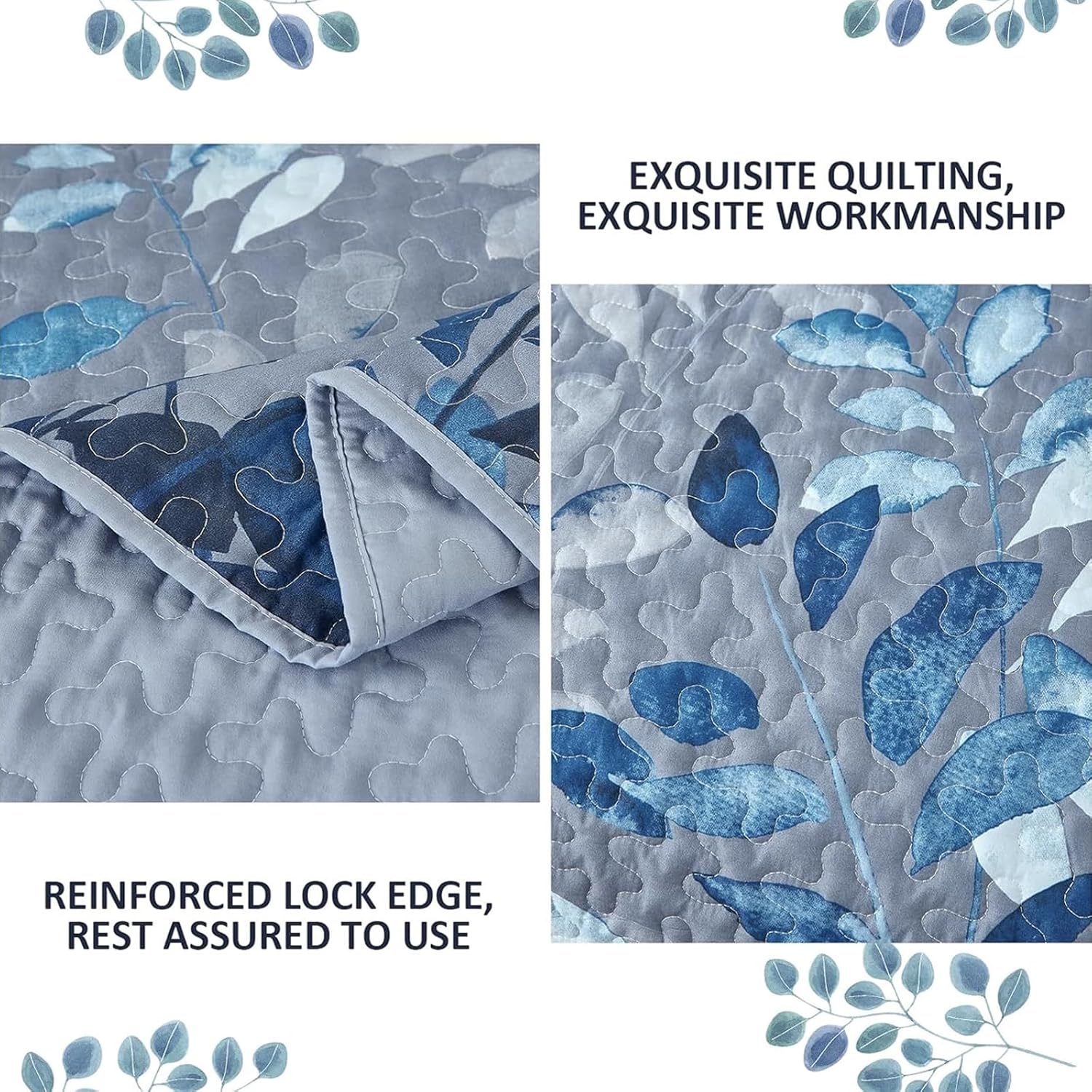 WONGS BEDDING Blue Quilt Set King Size,3 Pieces Navy Blue Floral Bedspread Coverlet Set with 2 Pillowcases,Soft Microfiber Lightweight Grayish Blue Gradient Floral Bedding Set 104"×90" - Image 6