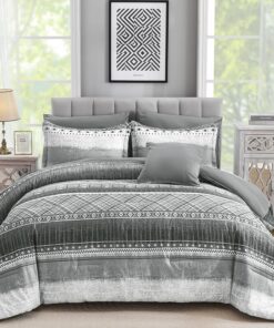 WONGS BEDDING 8 Piece Queen Size Comforter Set, Texture Striped Bed in a Bag Grey Comforter and Sheet Set, Boho Lightweight Microfiber Bedding Set for All Season (90"×90")