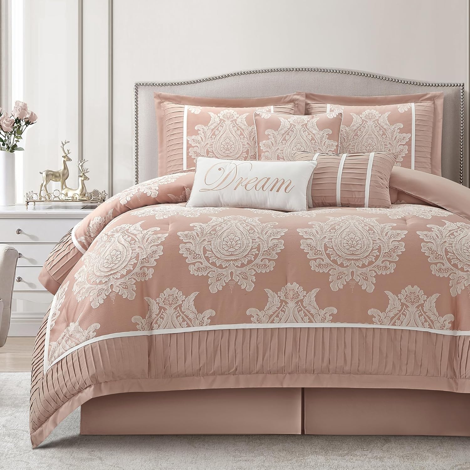 Beige California King Comforter Set 7 Pieces, Jacquard Woven with Damask, Bedding Set in a Bag Includes Comforter, Bed Skirt, Pillow Shams, and Decorative Pillows - Image 8