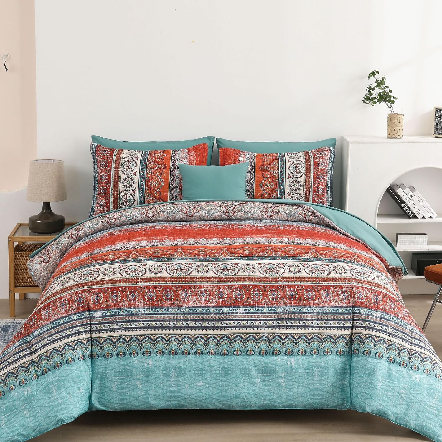 Cottolester Boho Comforter Set Full Size 8 Piece Bed in a Bag Bohemian Striped Bedding Quilt Set Aqua Paisley Floral Comforter and Sheet Set,Soft Microfiber Complete Bedding Sets for All Season - Image 19