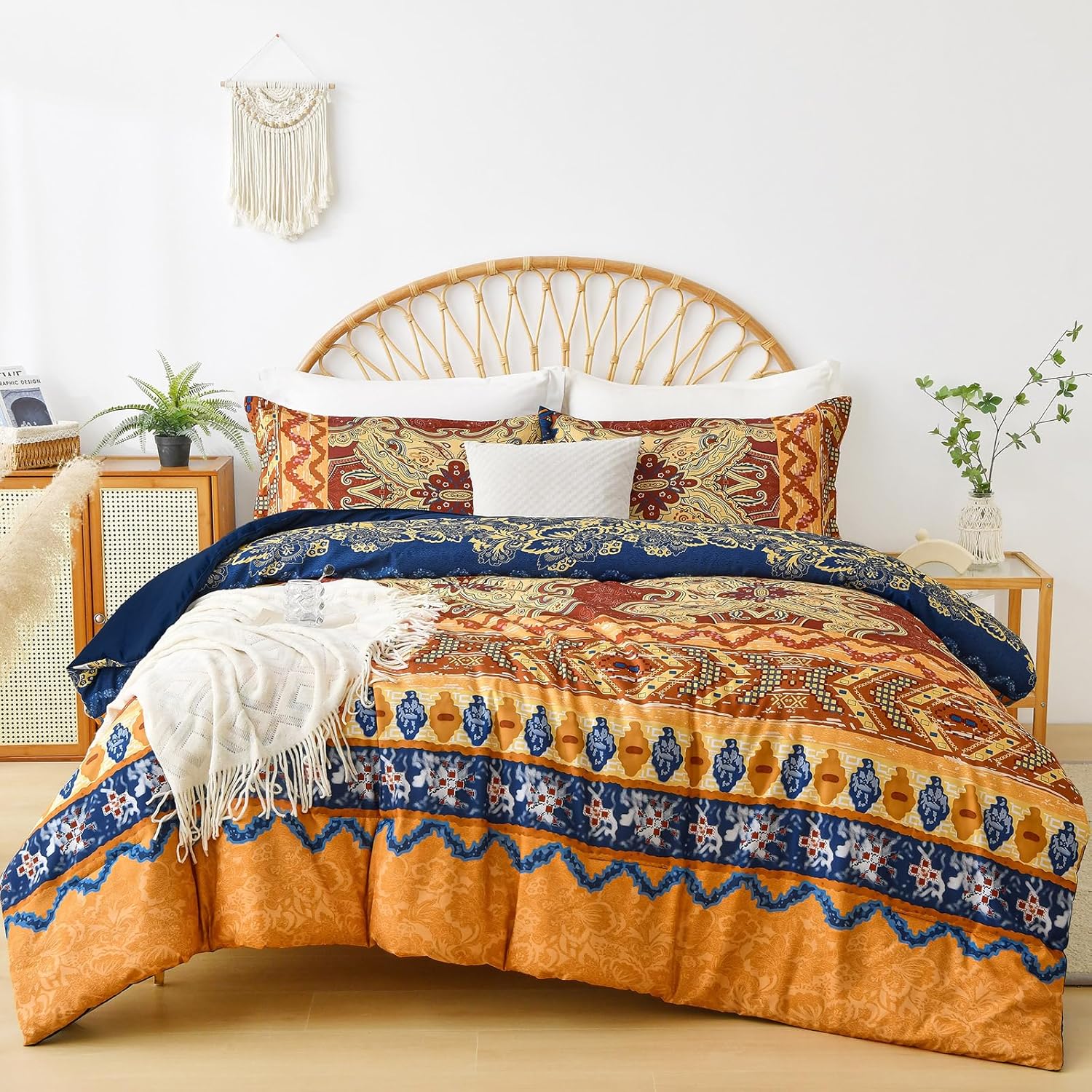 WONGS BEDDING Bohemian Comforter Set Queen, Ultra Soft Microfiber Reversible Boho Alternative Comforter Set - 3 Pieces (1 Solid Comforter + 2 Pillowcases), Bedding Duvet Set for Queen Bed - Image 8