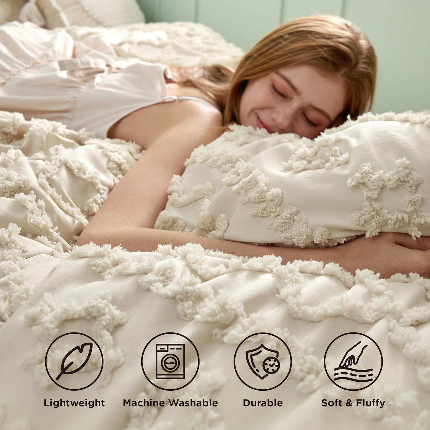 Bedsure Tufted Boho Comforter Set Twin Size - Beige Boho Bed Set, GentleSoft™ 2 Pieces Farmhouse Shabby Chic Embroidery Bedding, Gifts for Woman, Soft Jacquard Twin Comforter for All Seasons - Image 5