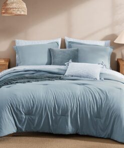 Monbix Queen Comforter Set - 7 Pieces Dusty Blue Prewashed Bed in a Bag Queen Bedding Sets with Comforters, All Seasons Ultra Soft Comforter Bed Set with Sheets,Pillowcases & Shams