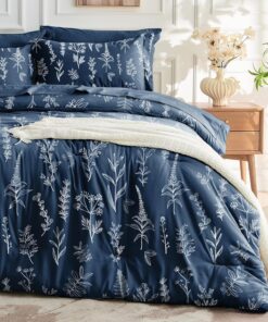 MUXHOMO Navy Blue Bed in a Bag Queen 7 Pieces, Queen Comforter Set Reversible Botanical Flowers Design, Ultra Soft & Breathable Bedding Sets with Comforter, Sheets, Pillowcases & Shams
