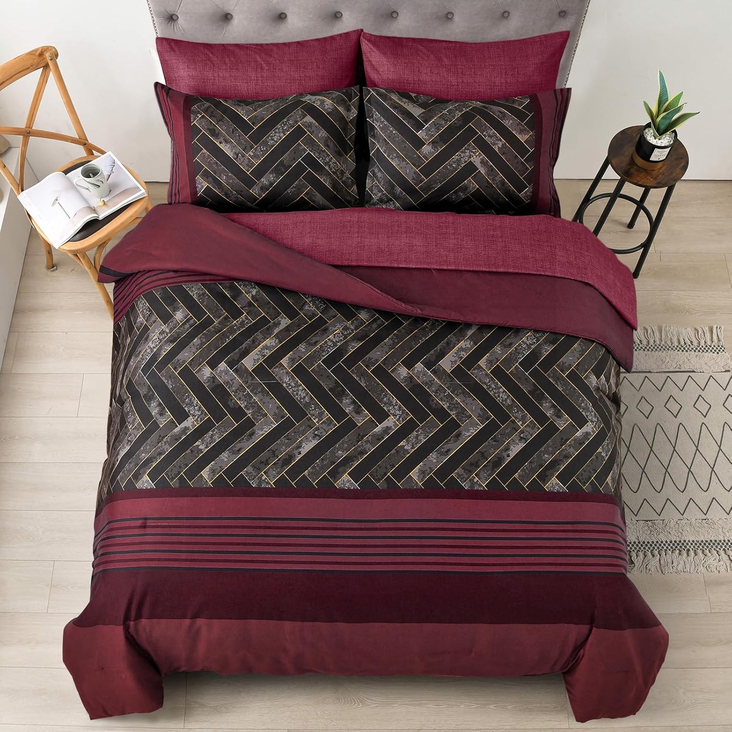Luxudecor Burgundy Comforter Set Queen Size 7 Pieces Red and Black Stripe Bed in a Bag Geometric Comforter and Sheet Set, Soft Microfiber Complete Bedding Sets for All Seasons - Image 2