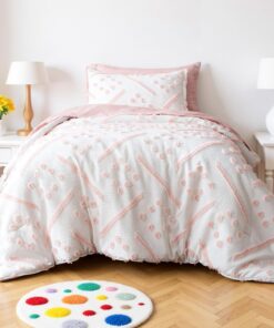 Amazon Basics 5-Piece Kids' Bed-in-a-Bag, Jacquard Microfiber Bedding Set with Comforter, Sheets, and Pillowcases, All-Season, Pink Tufted, Twin