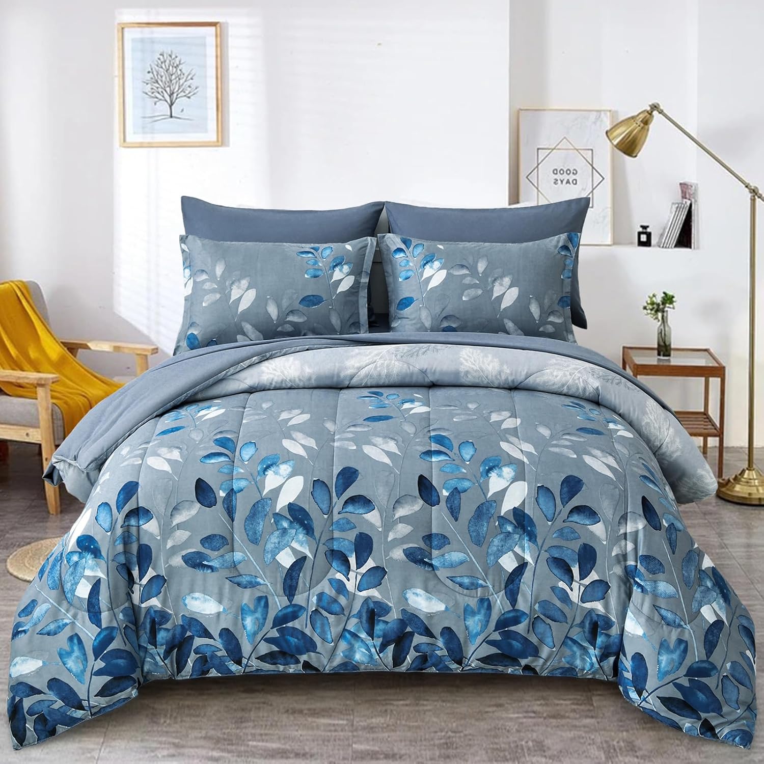 Blue Floral Comforter Set Queen Size 7 Piece Navy Botanical Gradient Leaves Ultra Soft Microfiber Down Alternative Bedding Set Lightweight Reversible Boho Bed Comforter Set for All Season 90" x 90"