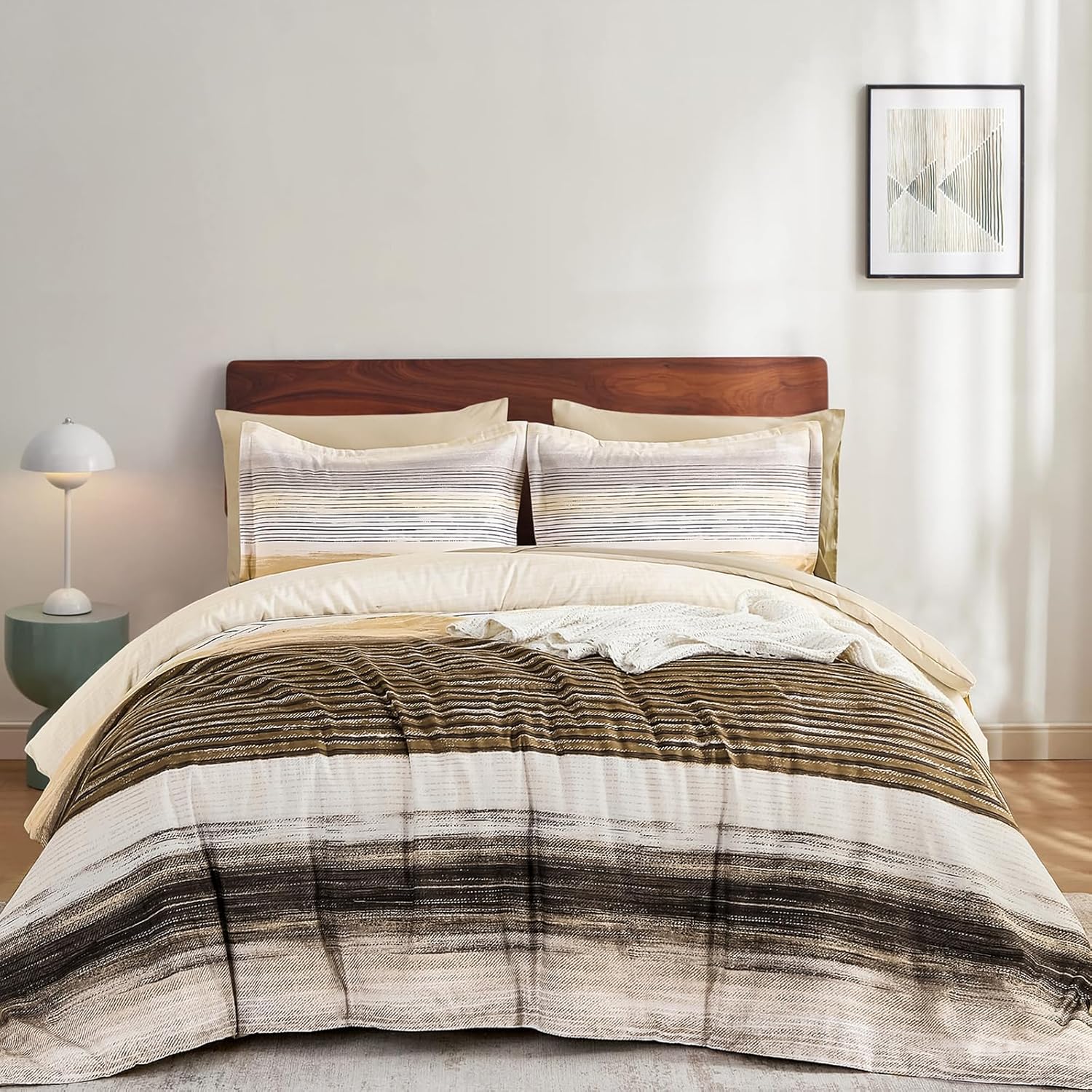 WONGS BEDDING Blue Comforter Set King Size, 7 Pieces King Bed in a Bag for All Season, Soft and Breathable Striped Bedding Set with Boho Comforter, Flat Sheet, Fitted Sheet, Pillowcases & Shams - Image 10