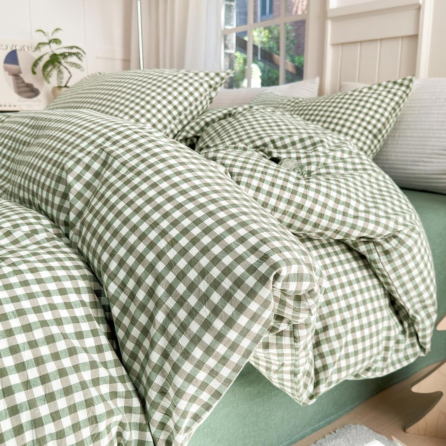 LifeTB Queen Comforter Set Tan Gingham Comforter Modern Style Beige Plaid Comforter Set 3 Pieces Fluffy Grid Checkered Comforter with 2 Pillowcases Boho Gingham Bedding Set Queen Size - Image 10