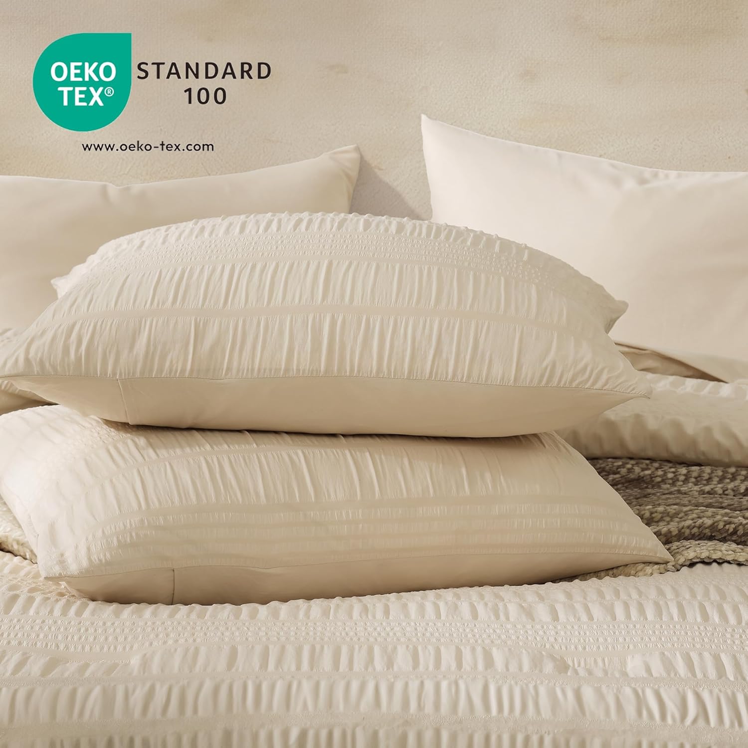 CASAAGUSTO Queen Comforter Set, 7 Pieces Beige Seersucker Bed in a Bag Queen Size Soft All Seasons, Bedding Sets with Comforter, Flat Sheet, Fitted Sheet, 2 Pillow Shams, 2 Pillowcases - Image 6