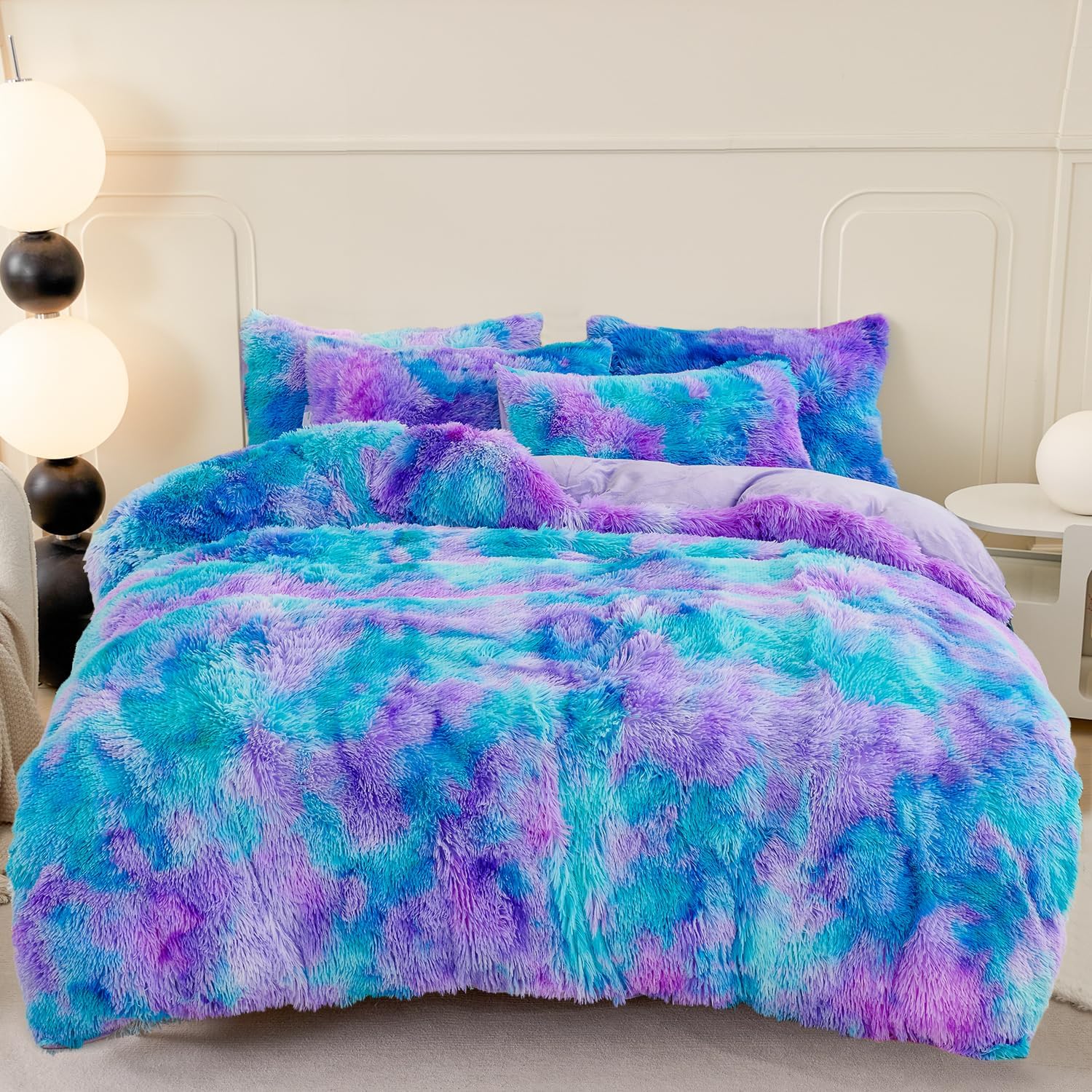 SUCSES Blue Purple Fluffy Twin Bedding Sets for Girls 3Pcs Faux Fur Plush Shaggy Kids Duvet Cover Set Twin Size Tie Dye Velvet Furry Comforter Cover Set - Image 2