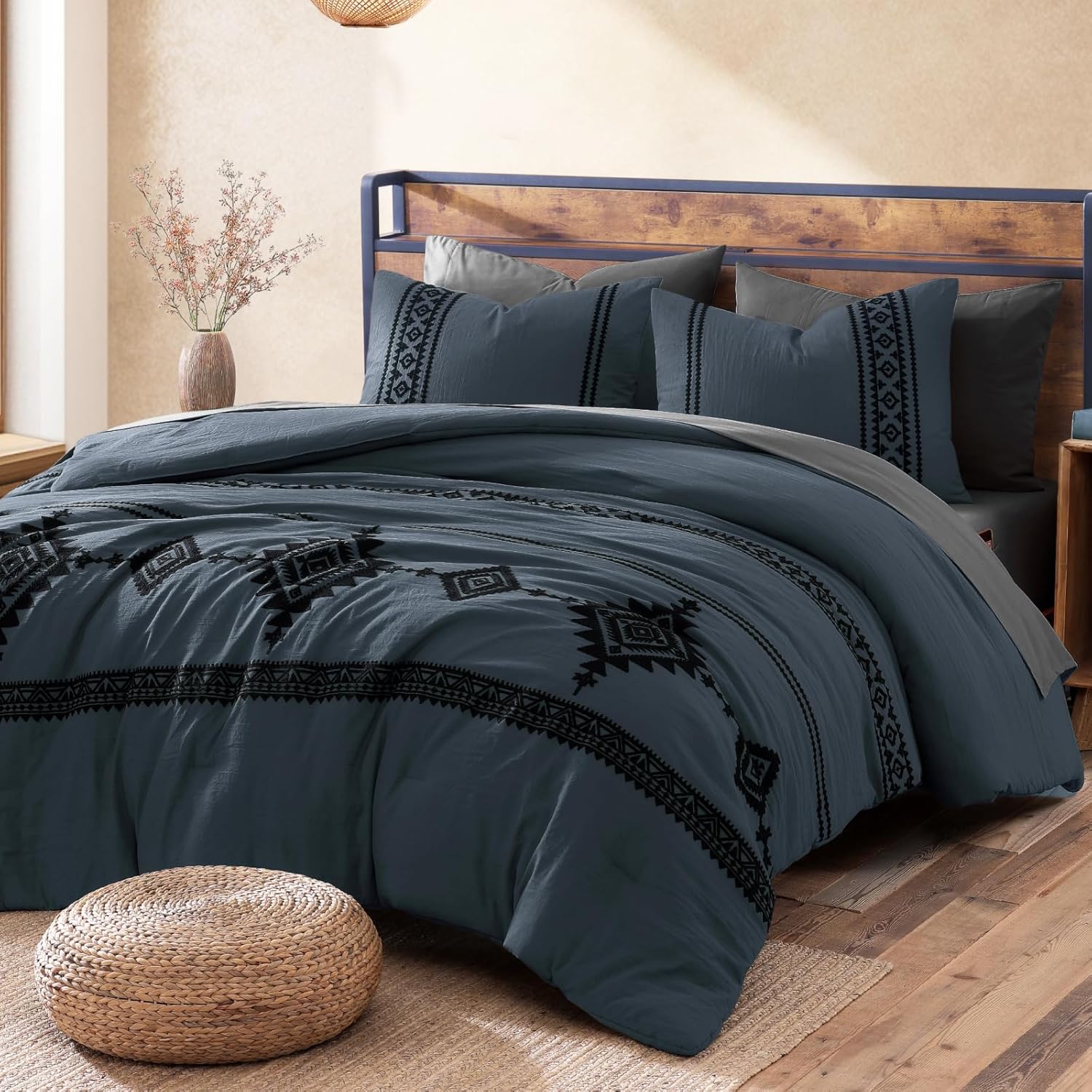 MaiRêve Burnt Orange Embroidery Comforters Set Queen Size - 7 Pieces, Farmhouse Western Bedding All Season, Bed in A Bag Queen Boho Comforter Set with Sheets, Pillowcases & Shams - Image 7