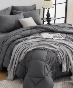 HEVUMYI California King Comforter Set - 7-Piece All Season Bed in a Bag Cali-King, Ultra Soft Bedding Set with Comforter, Flat Sheet, Fitted Sheet, Pillowcases, Pillow Shams, Dark Grey