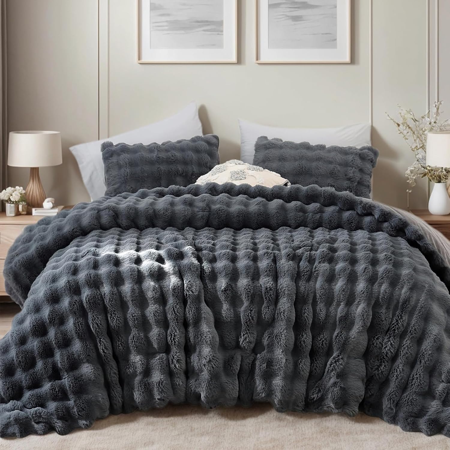 YIKUSH Light Gray Comforter Set King – Ultra Soft & Warm Faux Fur Comforter for Winter, Elegant Fluffy Comforter King Set with Pillowcases, Cozy Gray Bedding Set - Image 10