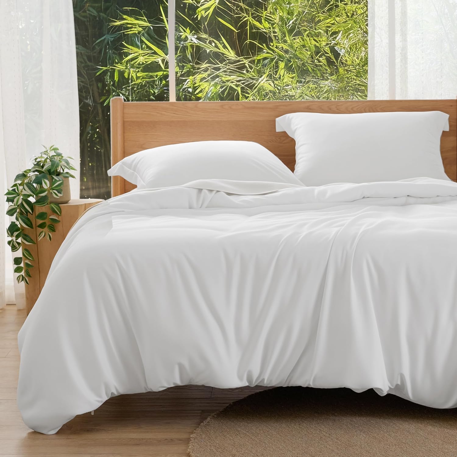 Bedsure Silky Cooling Duvet Cover Queen Size - 100% Rayon Derived from Bamboo Comforter Cover Set for Hot Sleepers, Breathable & Moisture-Wicking Bedding Set, White