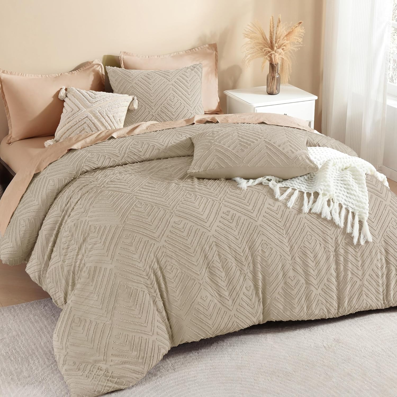Litanika California King Comforter Set Beige, 3 Pieces Cream Tufted Boho Farmhouse Bedding Comforter Sets, Lightweight Fluffy Comforter Bed Set for All Season (104x96In Comforter and 2 Pillowcases) - Image 28