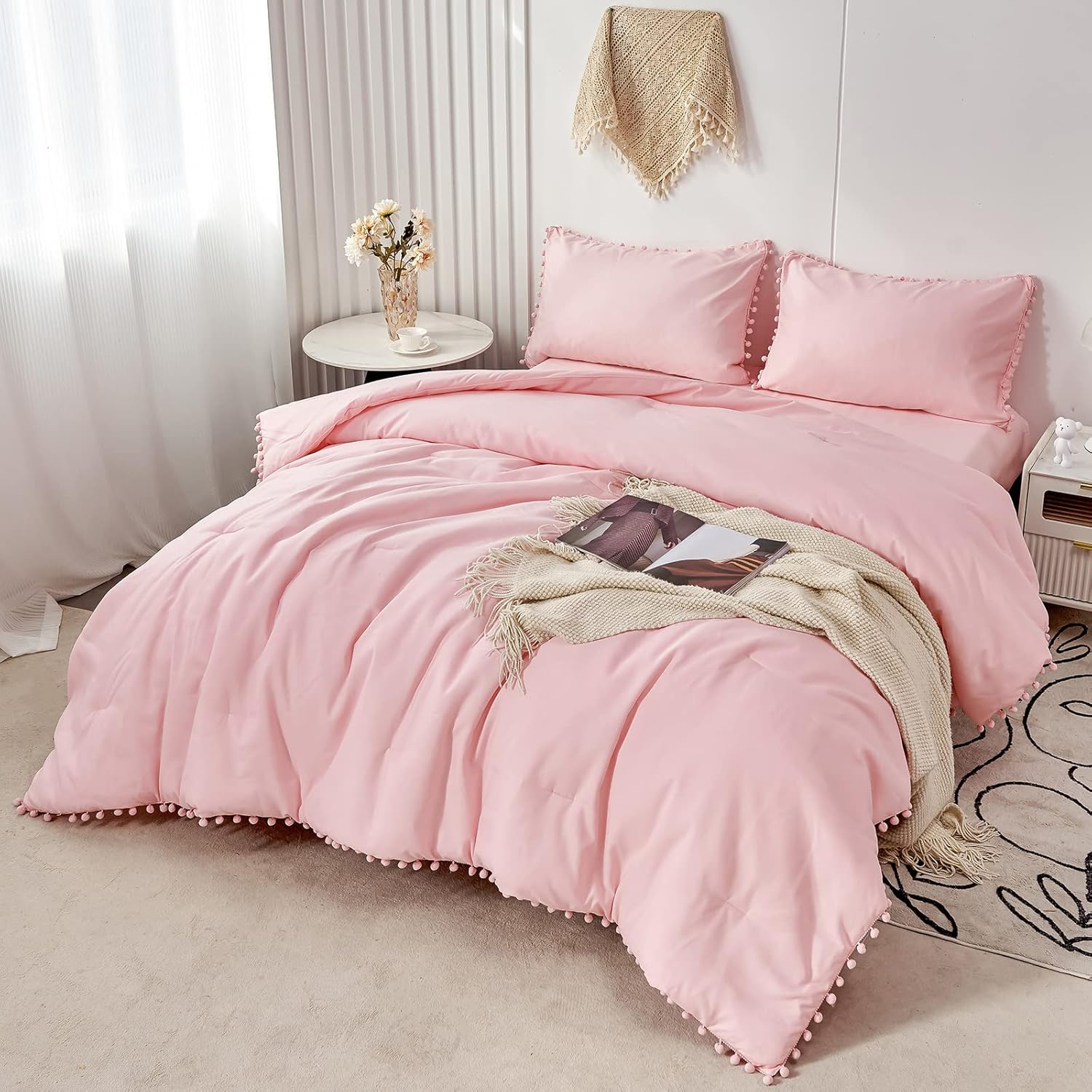 PERFEMET 5 Pcs Pink Pom Pom Comforter Twin Size Aesthetic Boho Pom Fringe Bedding Set with Sheet Ultra Soft Lightweight Farmhouse Bedding Quilt Set for Girls Kids(Pink, Twin)