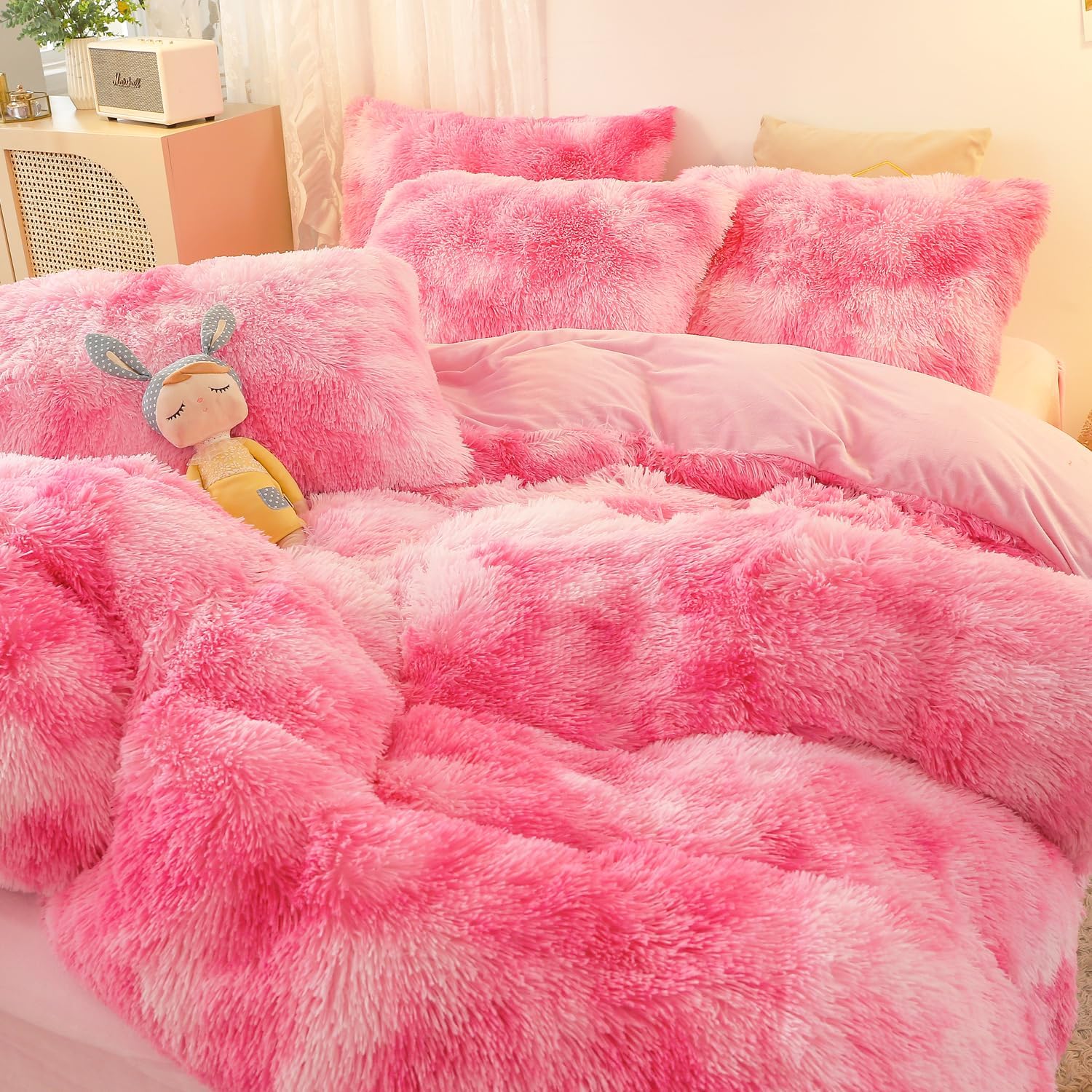 SUCSES Blue Purple Fluffy Twin Bedding Sets for Girls 3Pcs Faux Fur Plush Shaggy Kids Duvet Cover Set Twin Size Tie Dye Velvet Furry Comforter Cover Set - Image 9