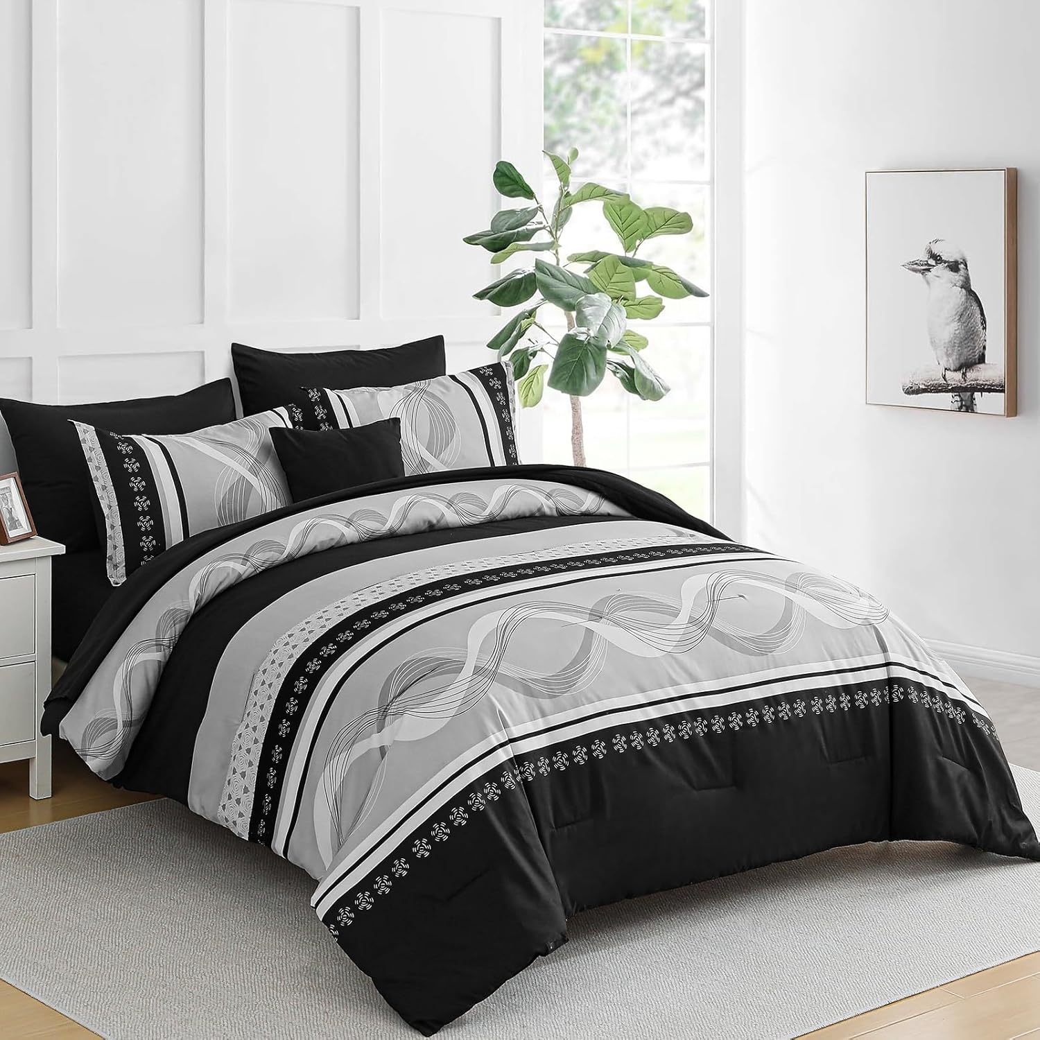 Anibedding Black Comforter Set Queen Size,8 Pieces Boho Bed in a Bag Patchwork Striped Comforter Set, Soft Microfiber Bedding Set for All Season(90"×90") - Image 3