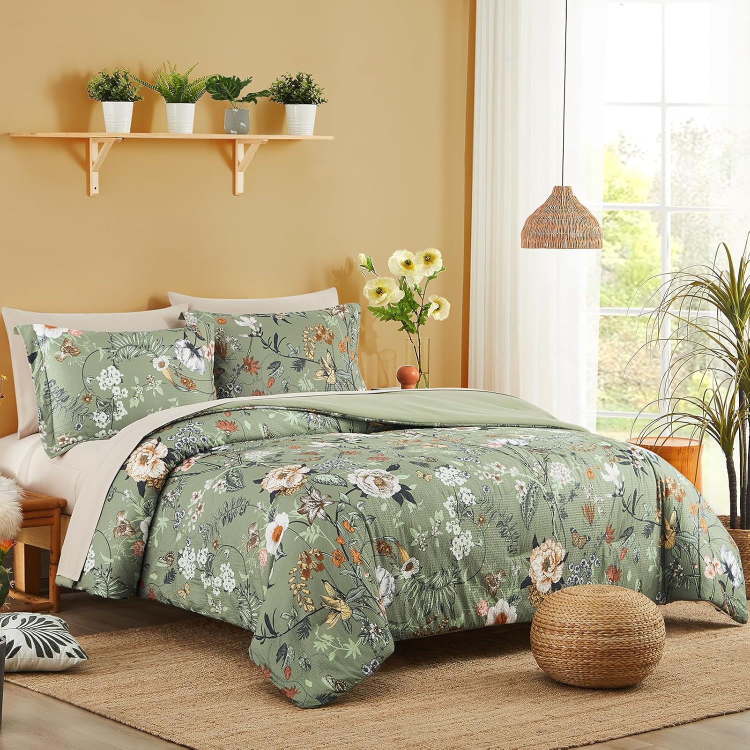 CASAAGUSTO Queen Comforter Set, 7 PCS Green Butterfly Floral Comforter Set with Flowers Leaves Pattern, Soft Seersucker Design All Season Queen Size Bedding Set(90"X90") - Image 2